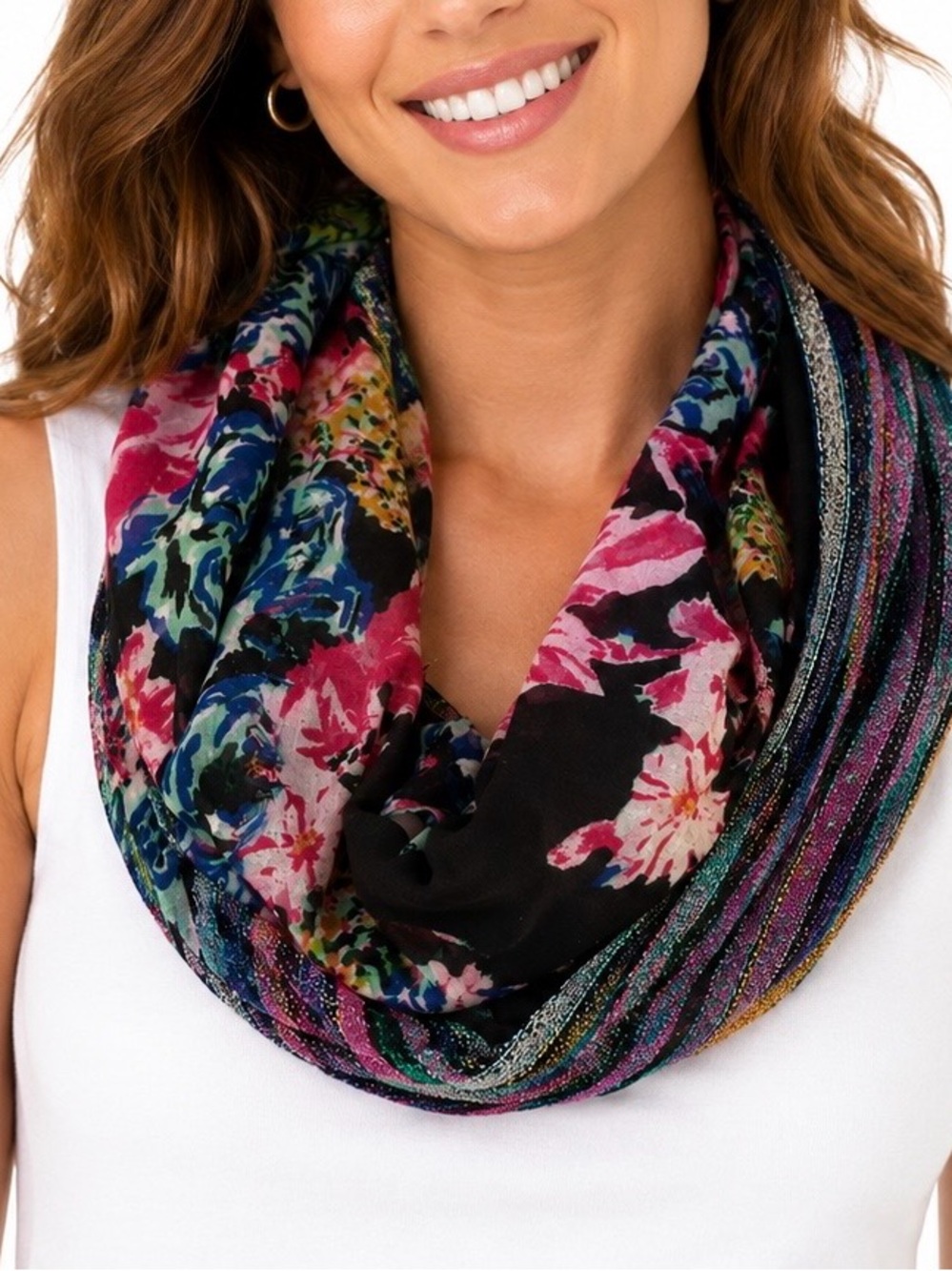 GUC Floral Multicolor Mixed Media Infinity Scarf. Size OS.